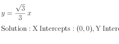 The y=(sqrt(3))/3 x is X Intercepts: (0,0),Y Intercepts: (0,0)